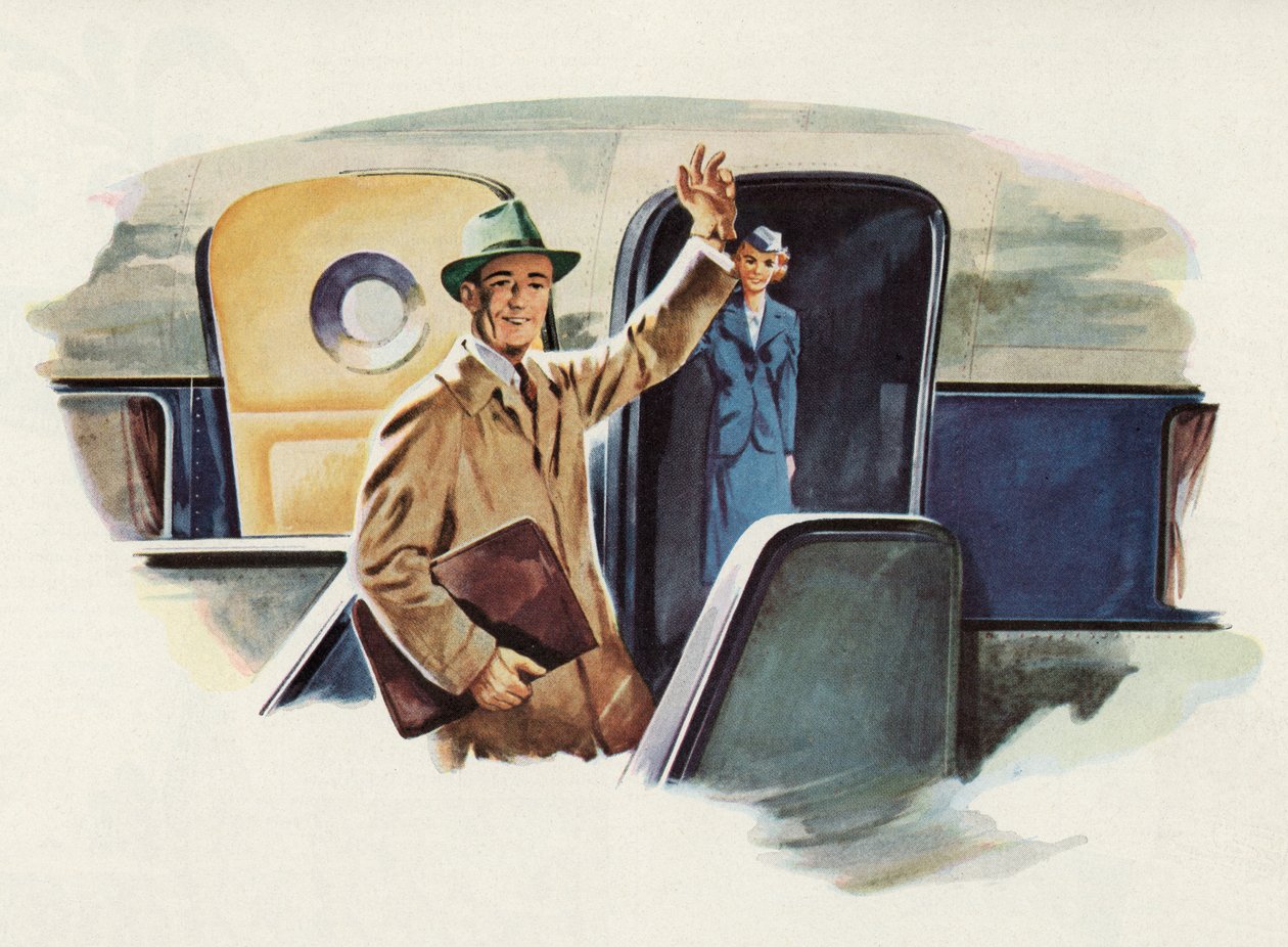 Man Waves Goodbye as He Boards an Airplane by American School