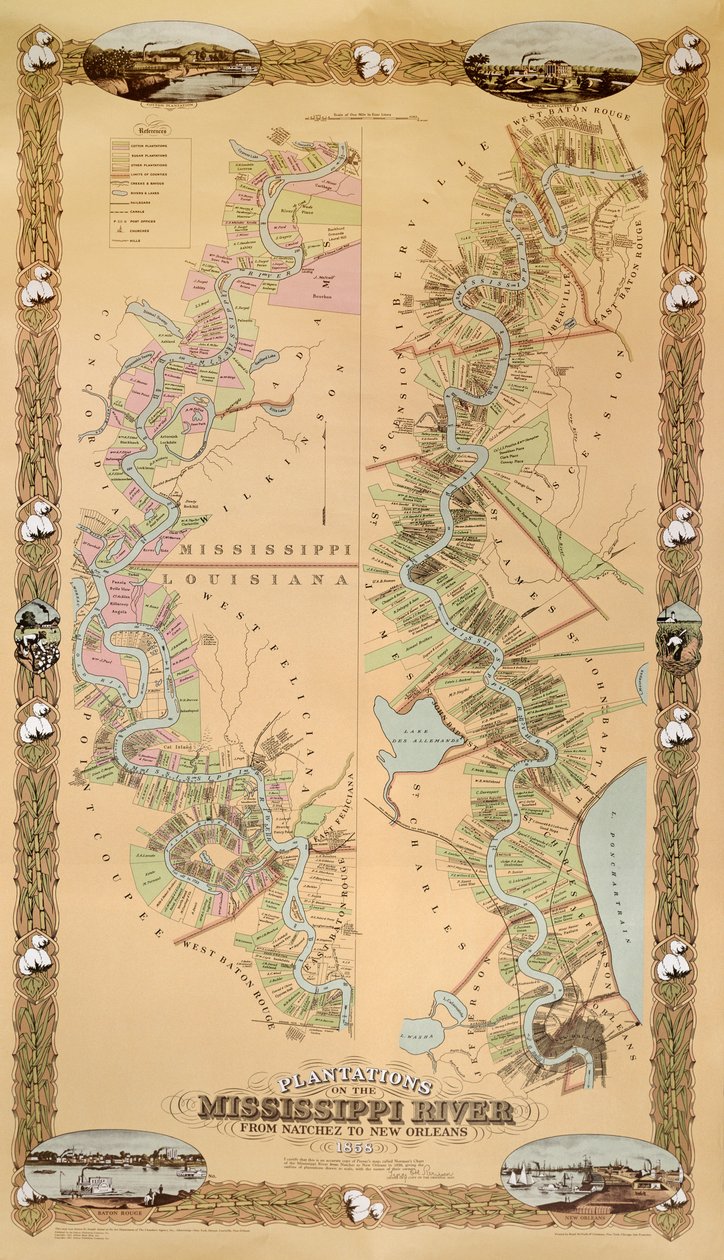 Map depicting plantations on the Mississippi River from Natchez to New Orleans by American School