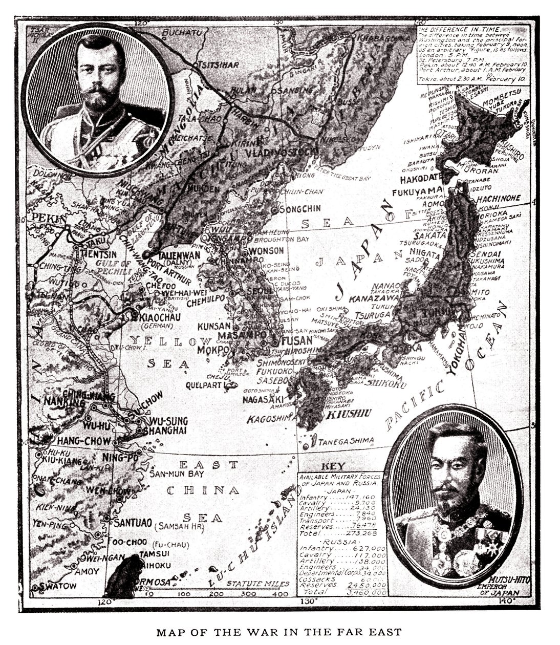Map of eastern Russia, Korea and Japan during the Japanese Russo conflict. In medallion, Tsar Nicholas II of Russia and Emperor Meiji of Japan. Illustration, in Russia and Japan and a complete history of the war in the by American School