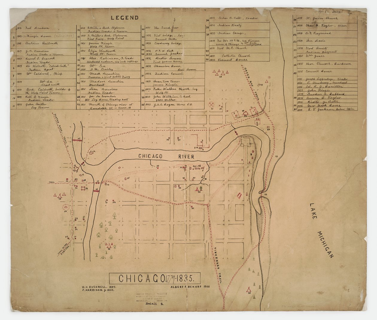 Map of Historic Houses and Sites in Chicago, Illinois, c.1835 by American School