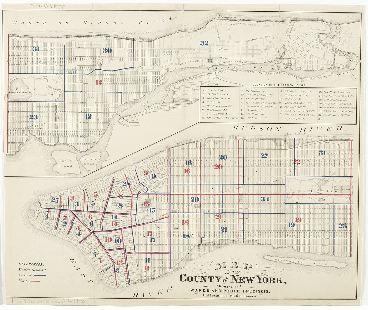 Map of the County of New York, Showing the Wards and Police Precincts, and Location of Station Houses, 1870 by American School