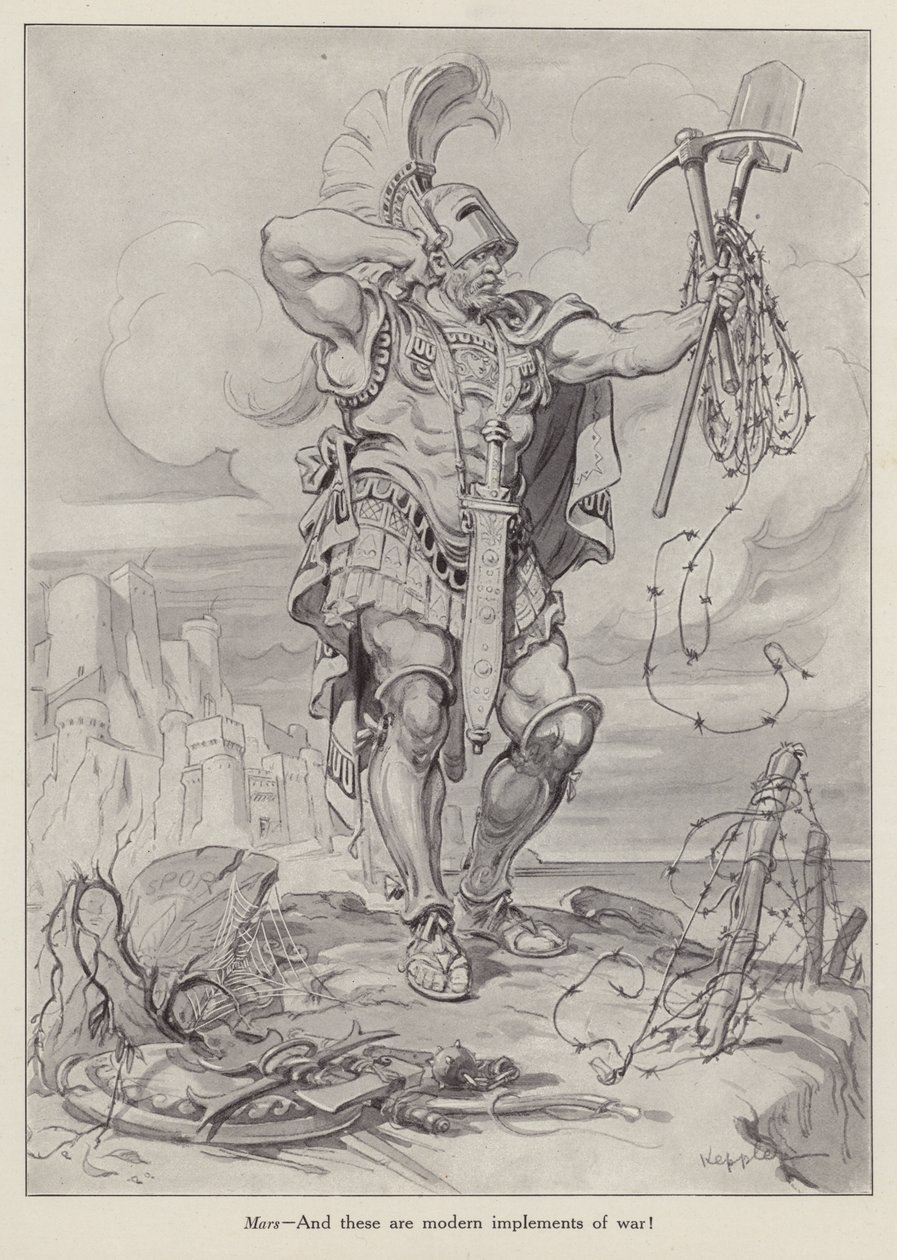 Mars, the Roman God of War Holding Shovels and Barbed Wire Used in Trench Warfare by American School