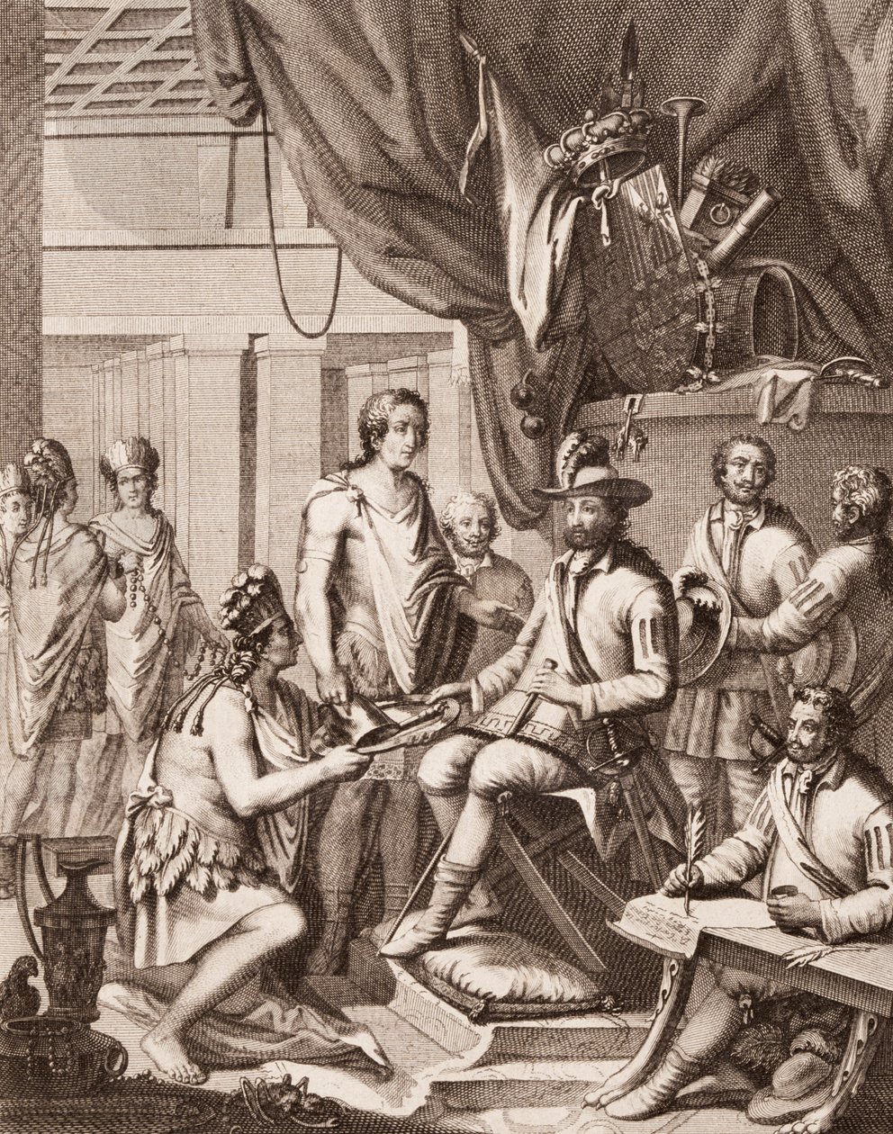Montezuma Handing Over His Empire to the King of Spain, Giving Him a Tribute and Pledging His Obedience, from Antonio de Solis y Rivadeneira