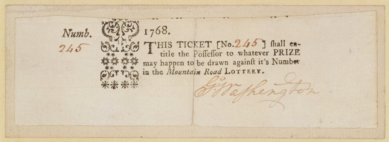 Mountain Road Lottery Ticket, signed by George Washington, 1768 by American School