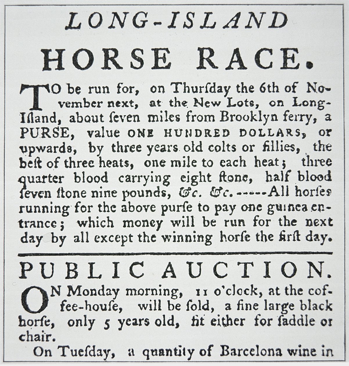 Notice of a Horse Race on Long Island, from Rivington