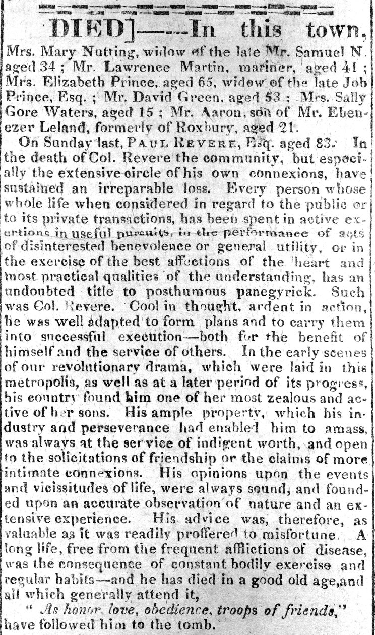Obituary Page from the Boston Intelligencer, 16th May 1818 by American School