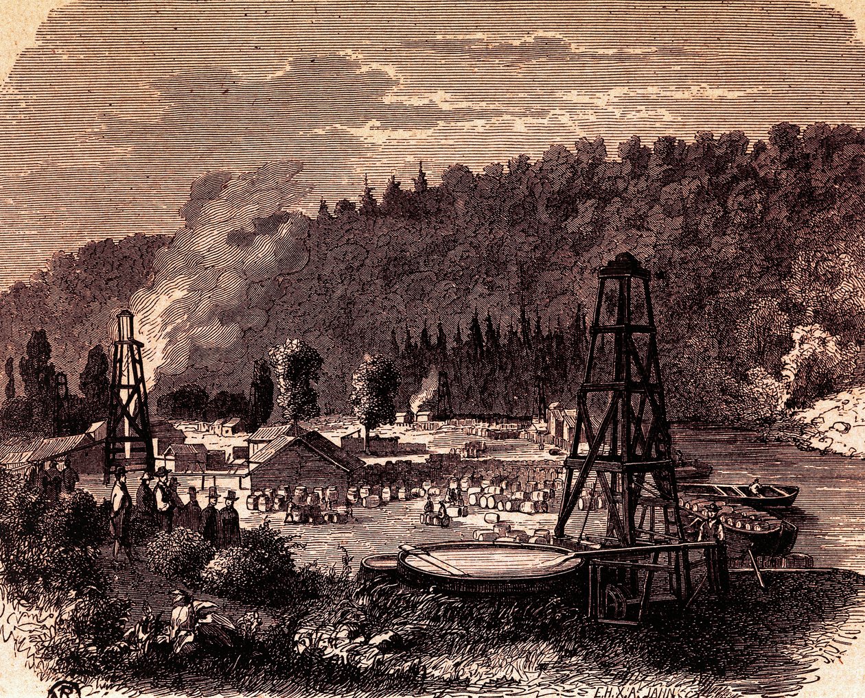 Oil fields in Titusville in Pennsylvania, with first well Derrick invented by Edwin Laurentine Drake in 1859, engraving, USA by American School