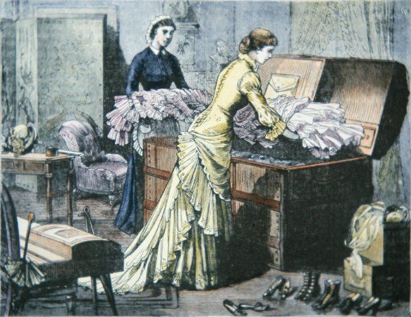 Packing Saratoga Trunk for train journey to Saratoga Springs, New York, c.1880 by American School