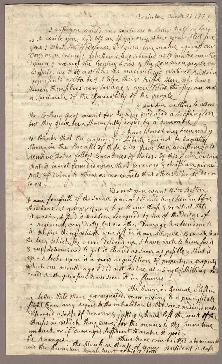 Page 1, Letter from Abigail Adams to John Adams, 31 March - 5 April 1776 by American School