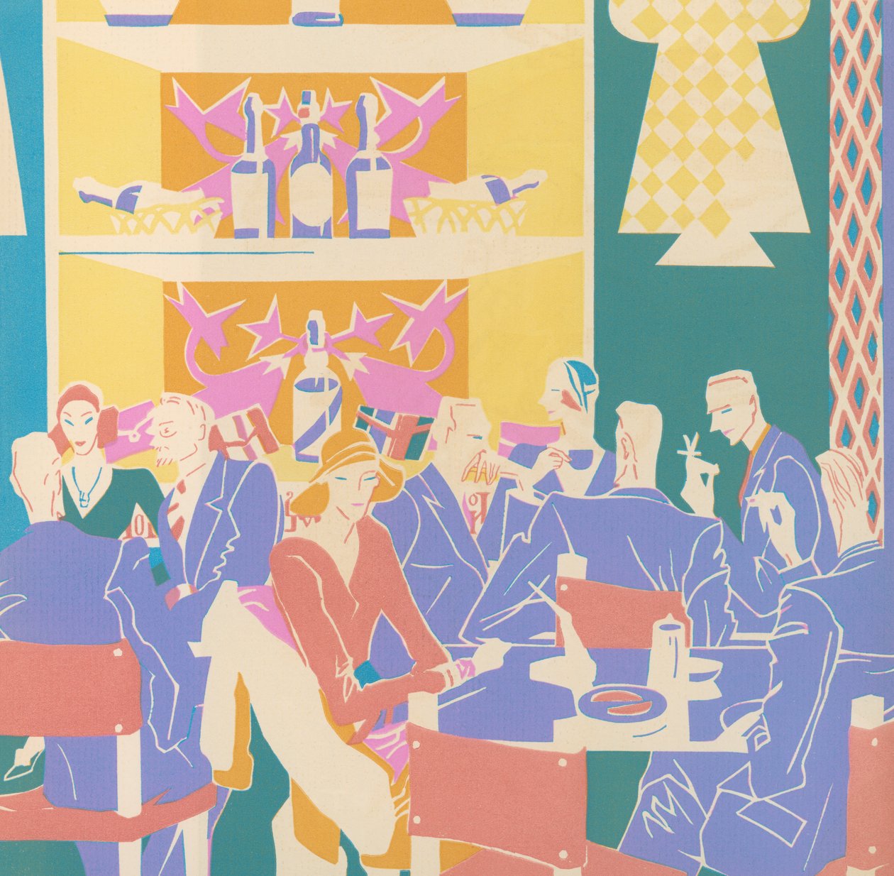 Patrons at Tables in an Art Deco Jazz Club by American School