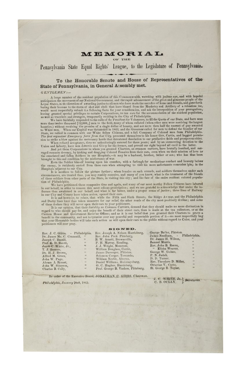 Memorial of the Pennsylvania State Equal Rights League to the Legislature of Pennsylvania, 20 January 1865 by American School