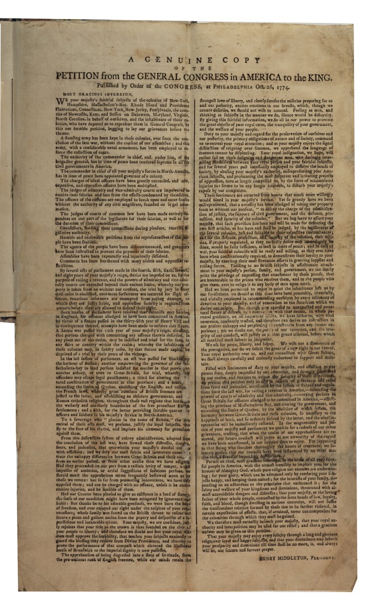 Petition from the General Congress in America to the King, Continental Congress, 26th October 1774 by American School