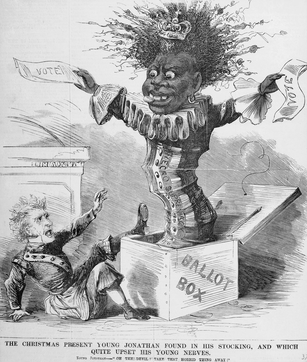 Political cartoon depicting President Andrew Jackson being frightened by the prospect of the black vote in America by American School