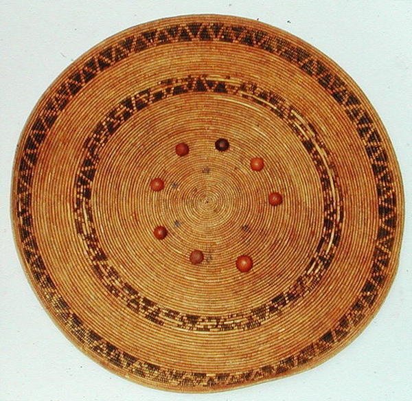 Pomo game tray with acorn dice, from California