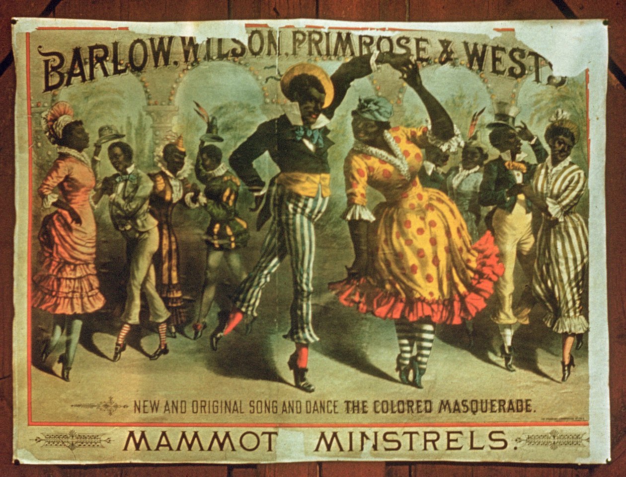 Poster advertising Barlow, Wilson, Primrose and Wests Mammot Minstrels Colored Masquerade by American School