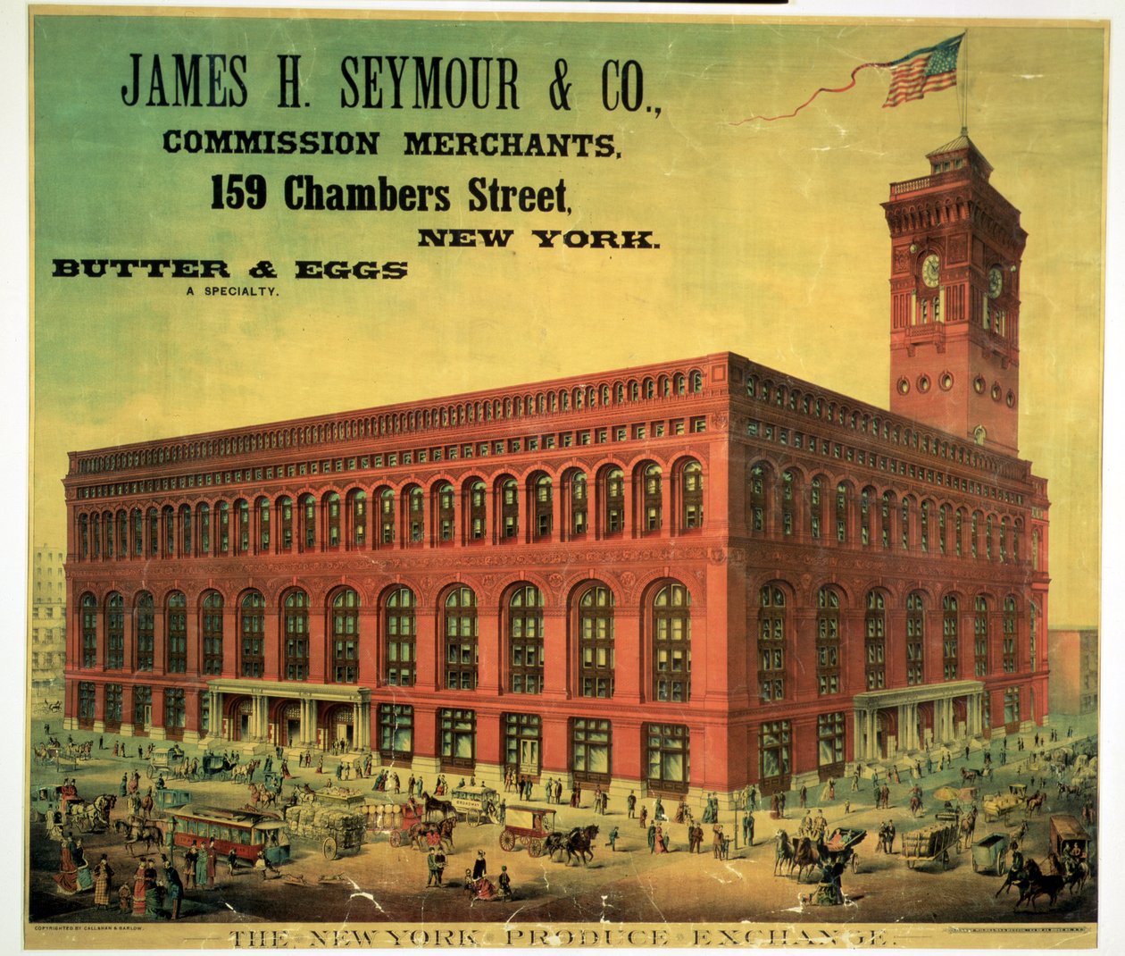 Poster advertising James H. Seymour & Co. Commission Merchants at the New York Produce Exchange, engraved by Sacket, Wilhelms and Betzig, c.1885 by American School