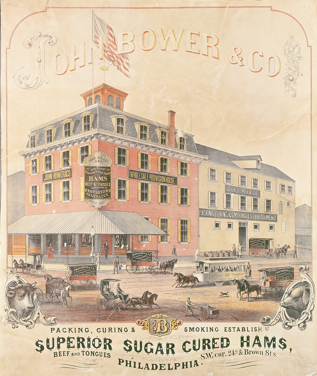 Poster advertising John Bower & Co. Superior Sugar Cured Hams by American School
