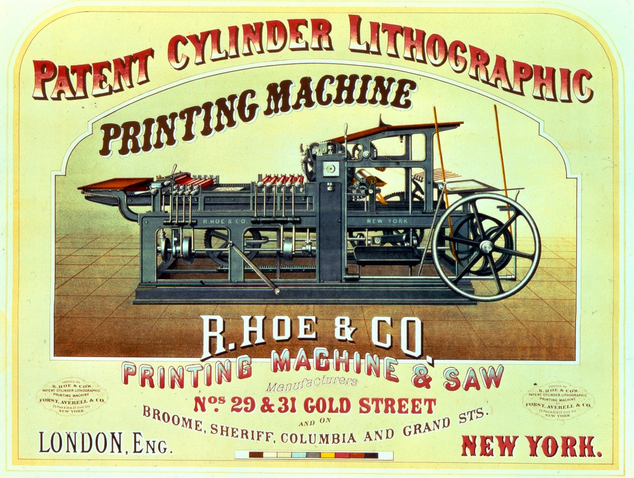 Poster advertising Patent Cylinder Lithographic Printing Machine, R. Hoe & Co., London and New York by American School