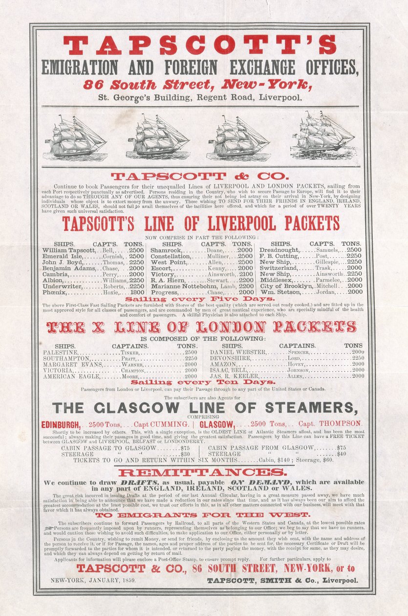 Poster advertising Tapscotts Emigration and Foreign Exchange Offices, New York by American School