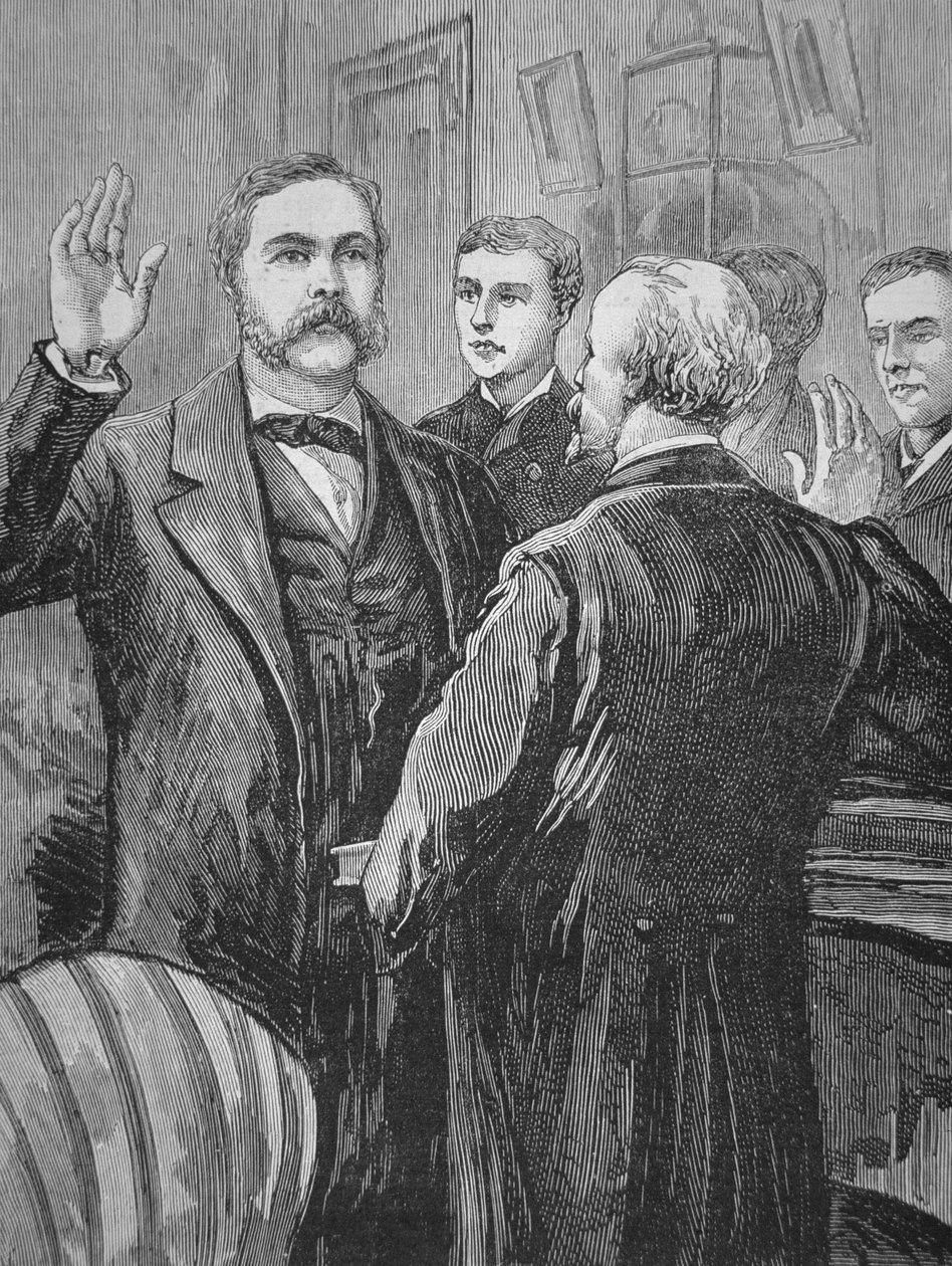 President Chester A. Arthur taking the oath of office after the death of James Garfield on the 20th September 1881 by American School