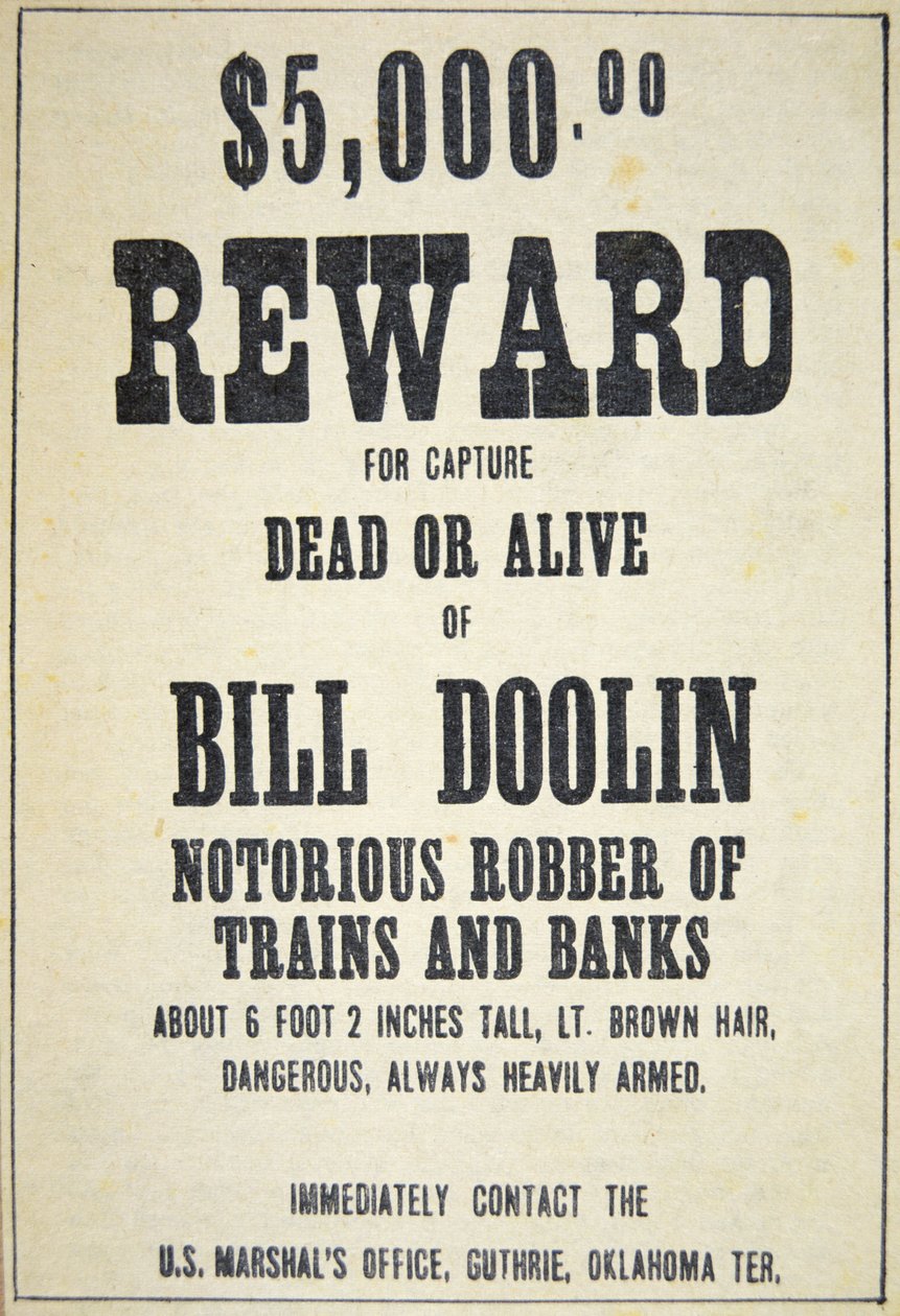 Reward poster for Bill Doolin (1858-96) by American School