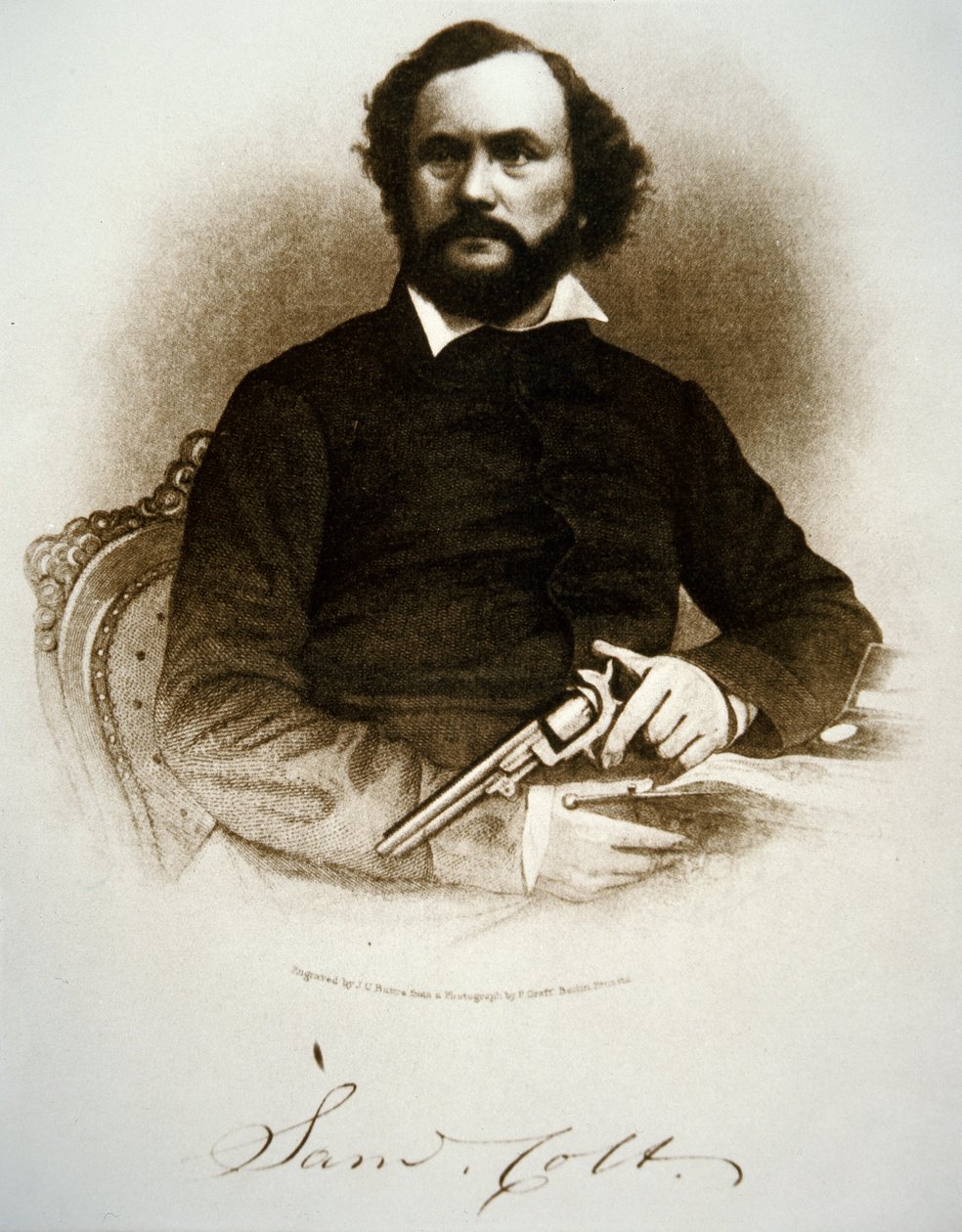 Samuel Colt holding one of his percussion revolvers by American School