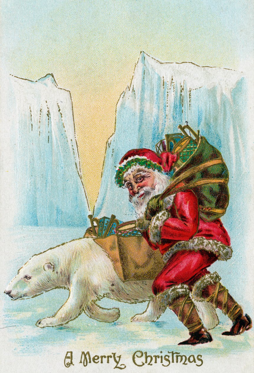 Santa Claus with a Polar Bear at the North Pole by American School