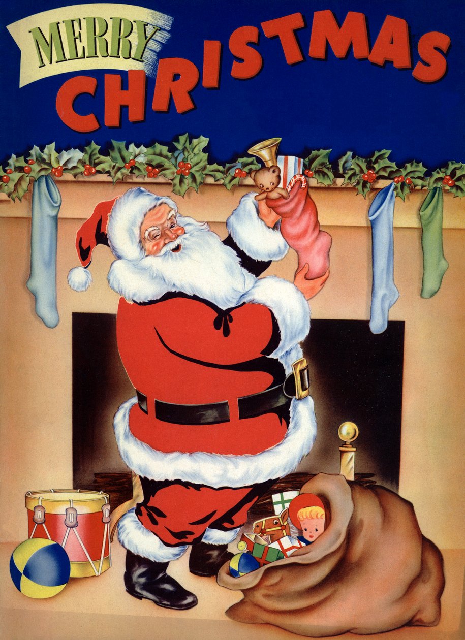 Santa Stuffing Stockings with Toys on Christmas Eve by American School