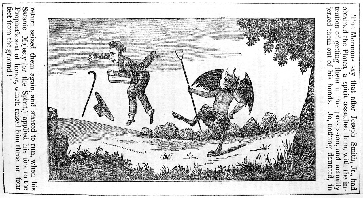 Satan kicking Joseph Smith (1805-44) from the back page of the Anti-Mormon Almanac for 1842 by American School