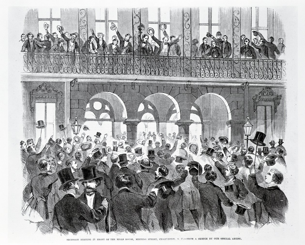 Secession Meeting in Front of the Mills House, Meeting Street, Charleston, South Carolina, c.1860 (engraving) by American School