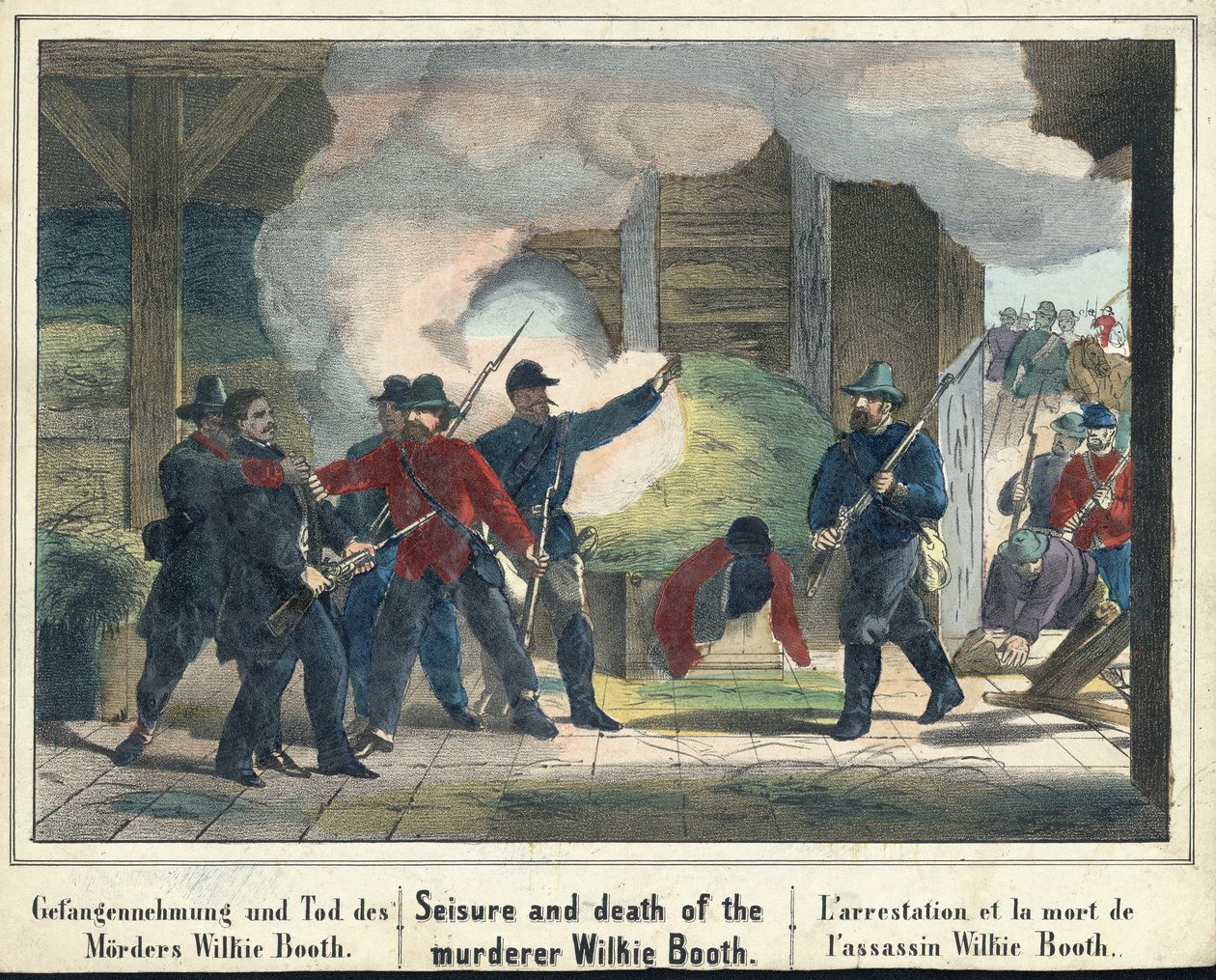 Seizure and Death of the Murderer Wilkie Booth, pub. 1865 by American School