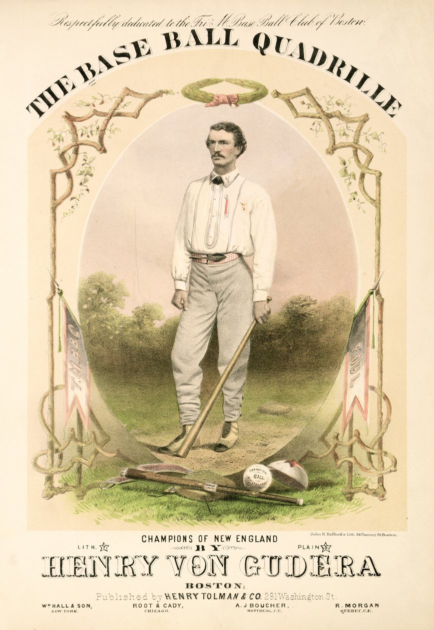 Sheet music cover for The Base Ball Quadrille written by Henry von Gudera and published by Henry Tolman & Co. by American School
