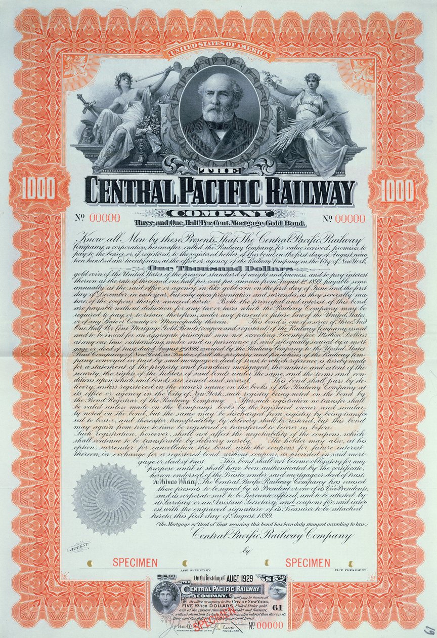 Specimen bond certificate for 1000 dollars for the Central Pacific Railway Company, 1899 by American School