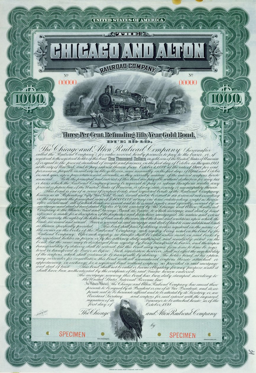 Specimen bond certificate for 1000 dollars for the Chicago and Alton Railroad Company, 1899 by American School