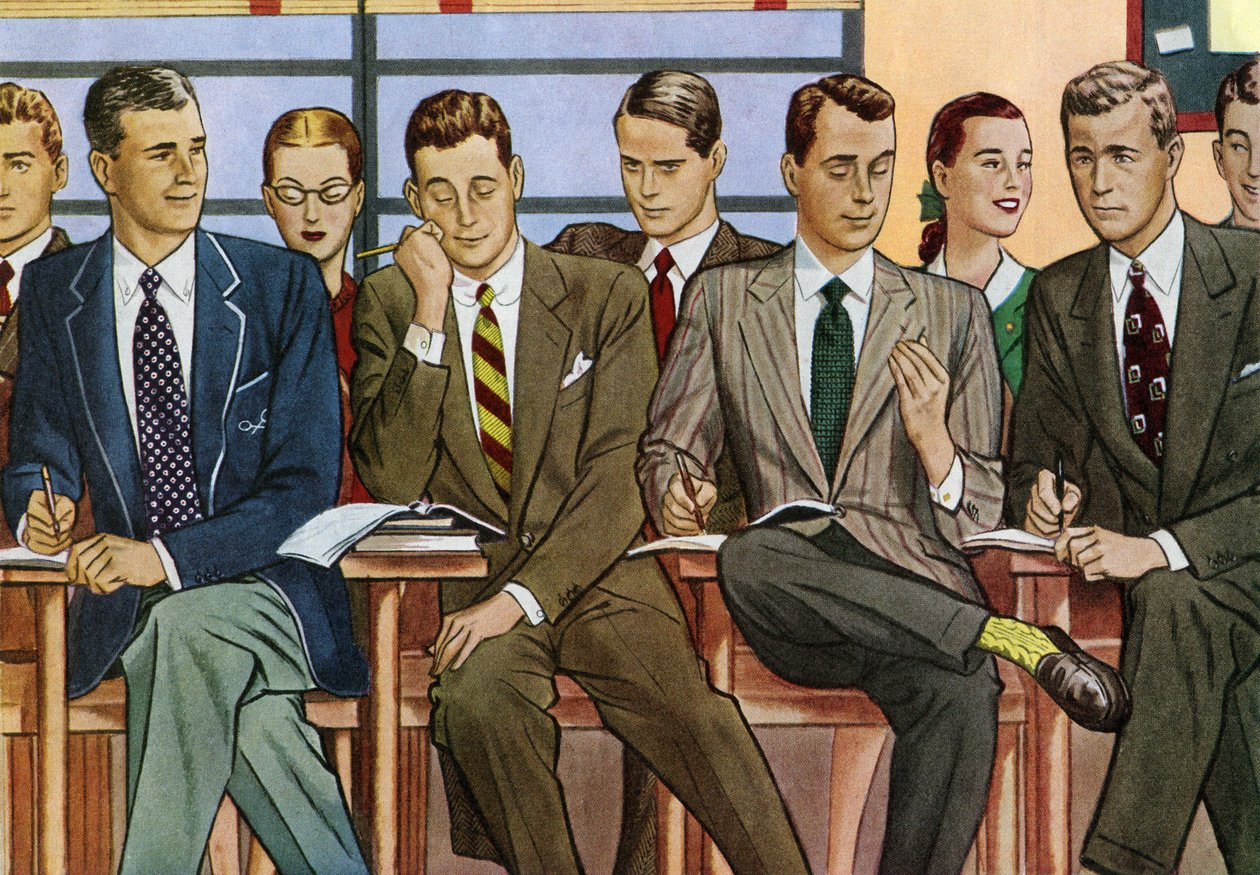 Students at Desks Sitting in a 1940s College Classroom by American School