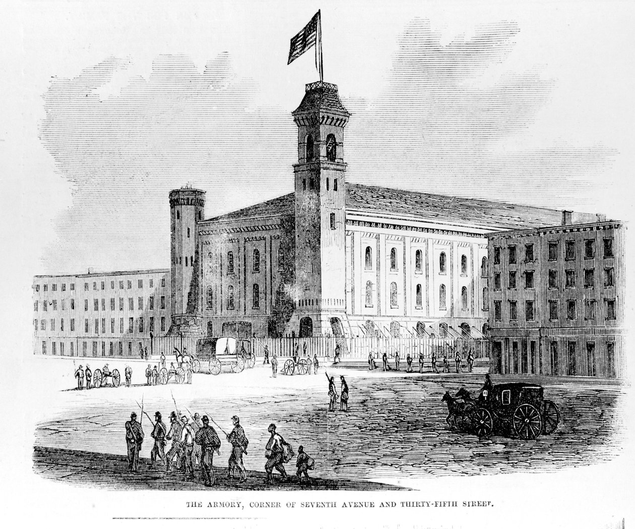 The Armory, Corner of Seventh Avenue and Thirty-Fifth Street, scene from the Draft Riots in New York City, 1863 by American School