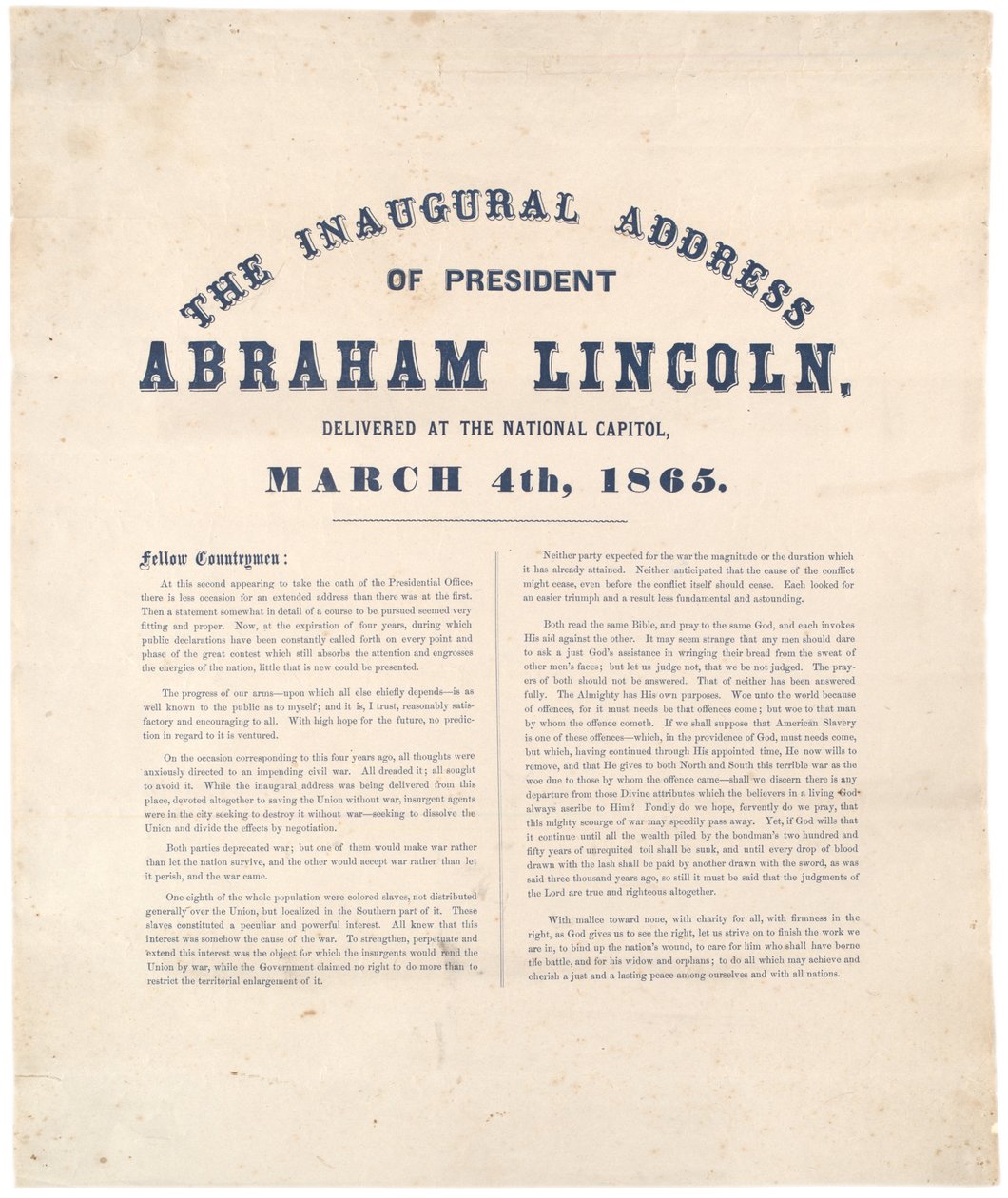 The Inaugural Address of President Abraham Lincoln Delivered at the National Capitol, 4th March 1865 by American School