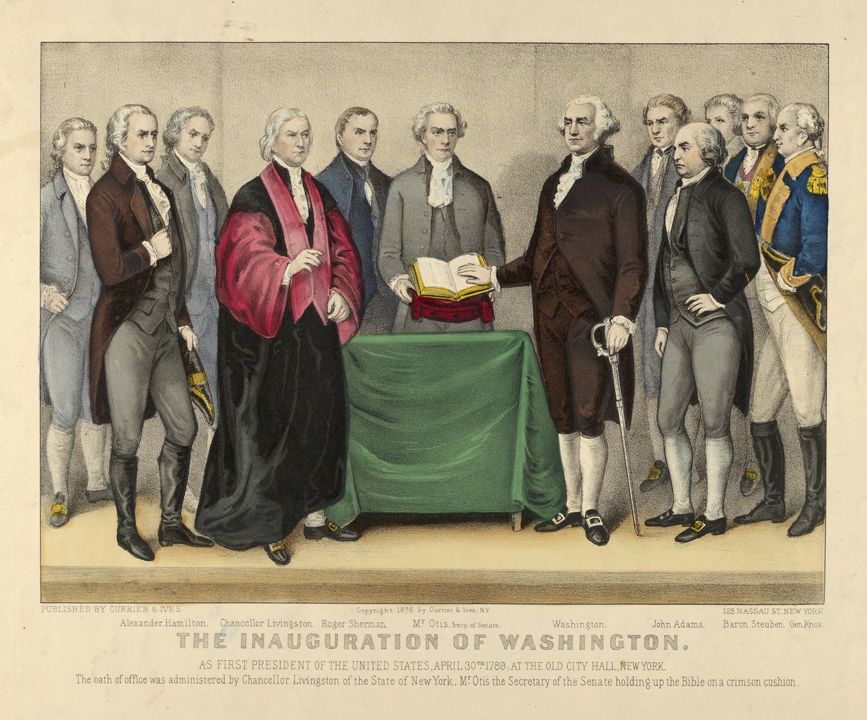 The Inauguration of Washington as First President of the United States, April 30th 1789, At the Old City Hall, New York, pub.1876 by American School