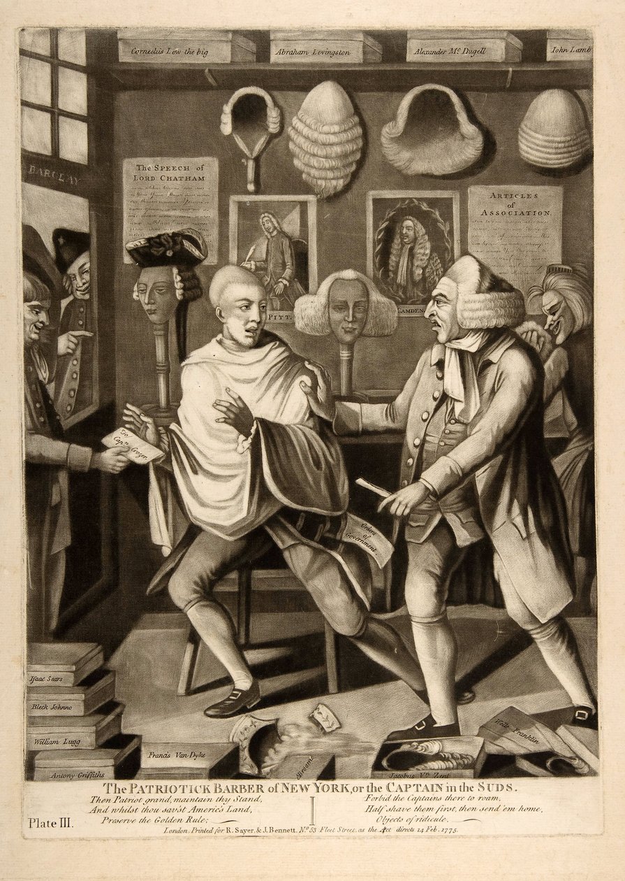 The Patriotic Barber of New York, or the Captain in the Suds, pub. 1775 by American School