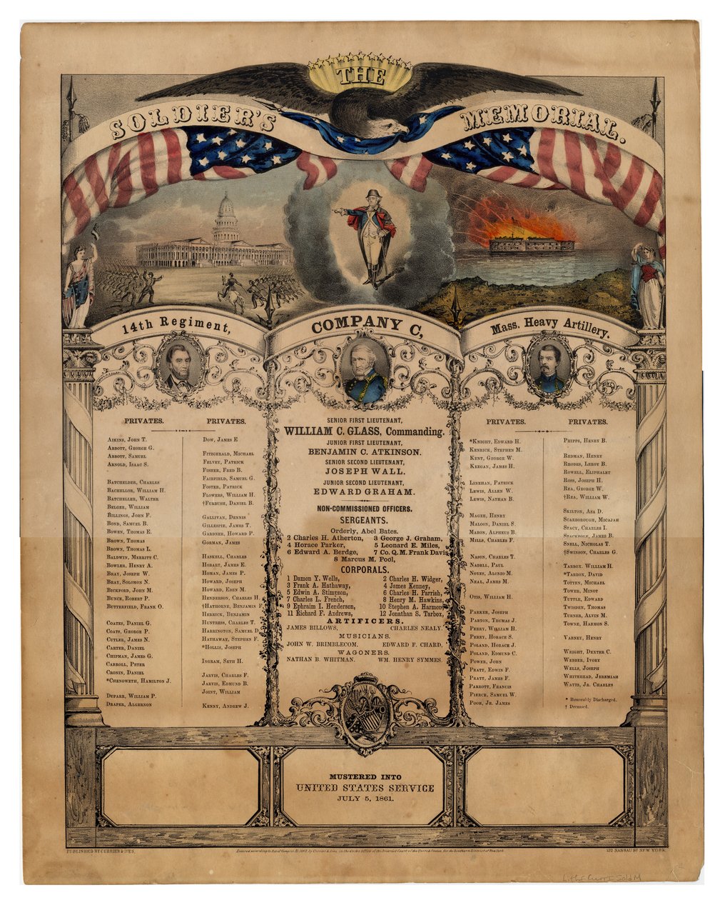 The Soldiers Memorial: 14th Regiment, Company C, Mass. Heavy Artillery, pub. by Currier & Ives, 1862 by American School