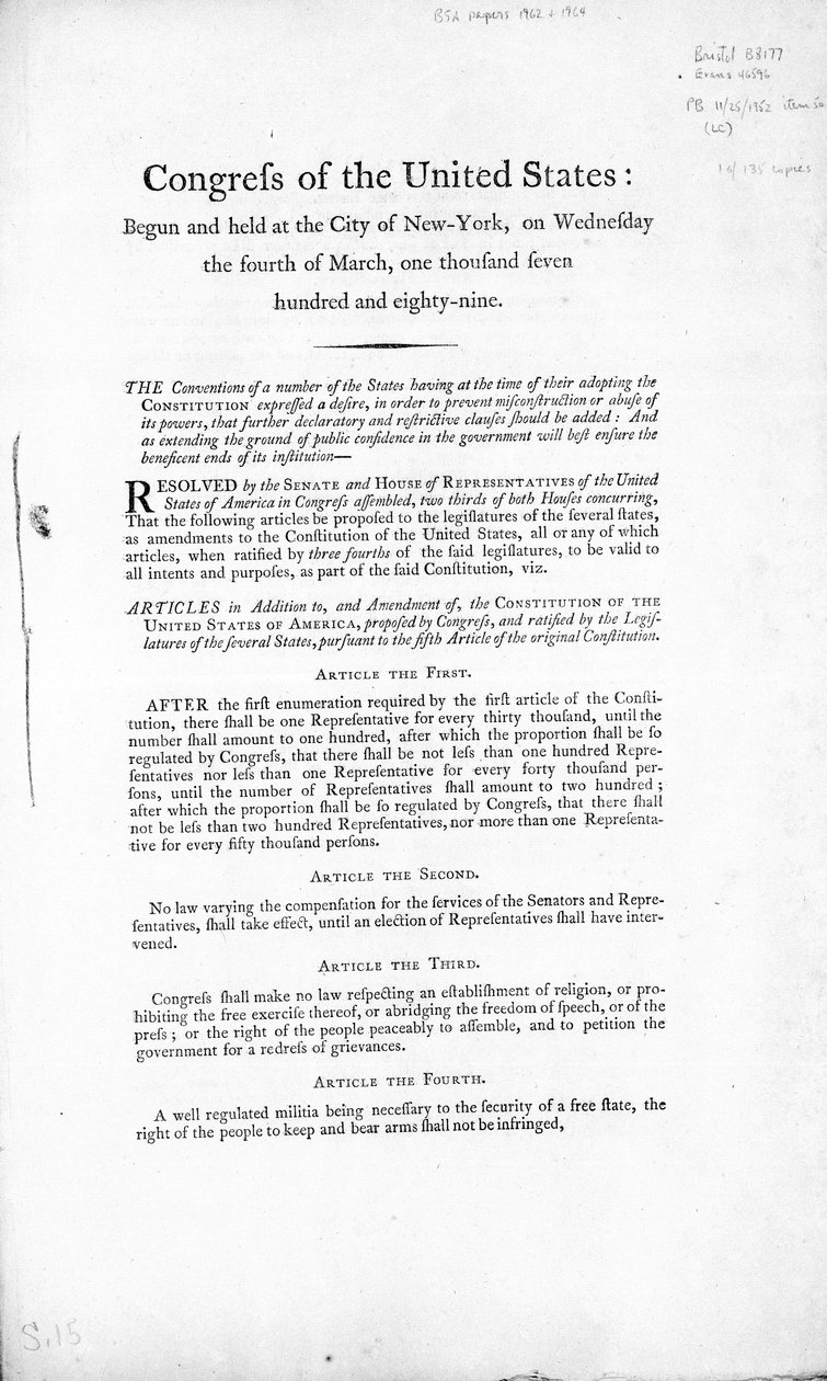 The United States Bill of Rights, completed 1789 by American School