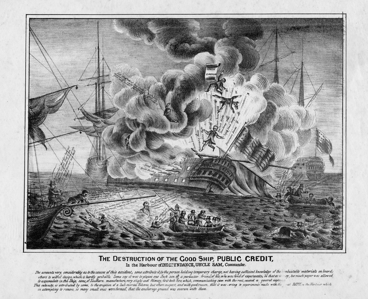 The Destruction of the Good Ship Public Credit, in the Harbour of Independence, Uncle Sam, Commander by American School