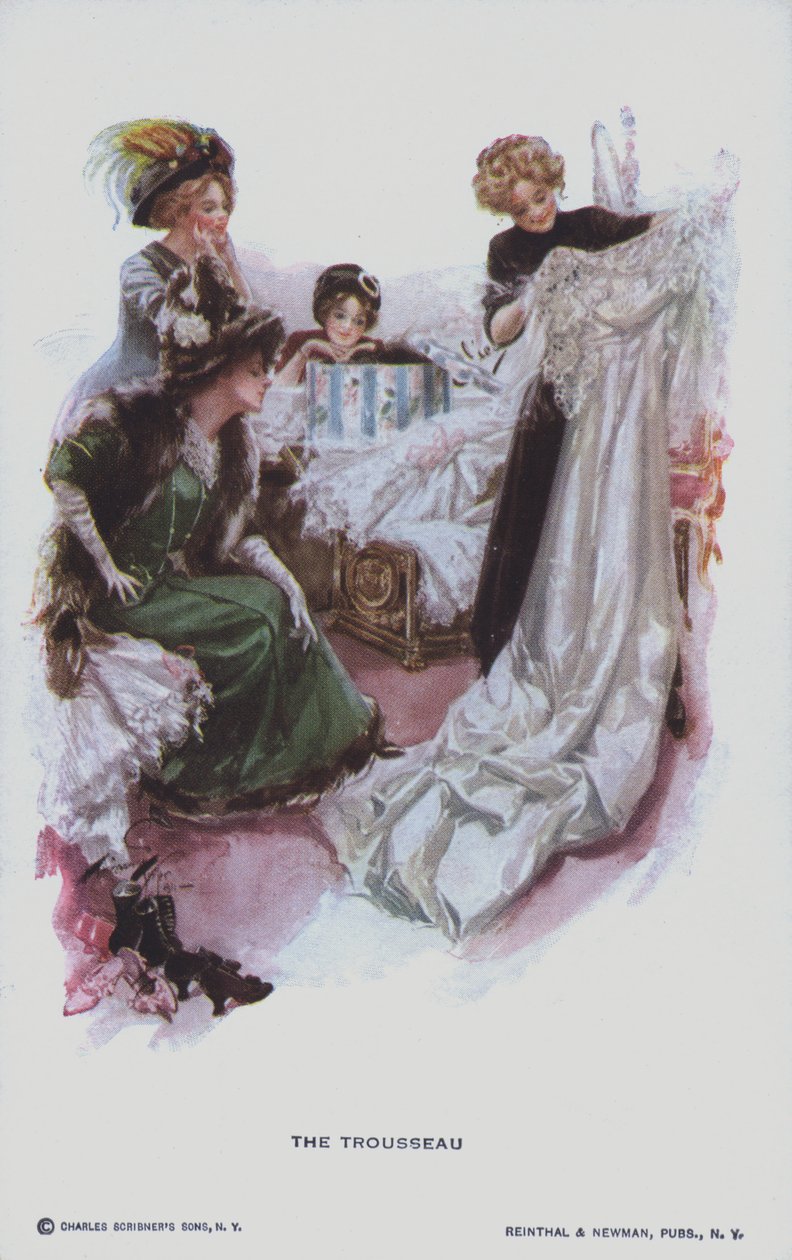 The Trousseau: A Bride-to-be Looking at a Wedding Dress by American School