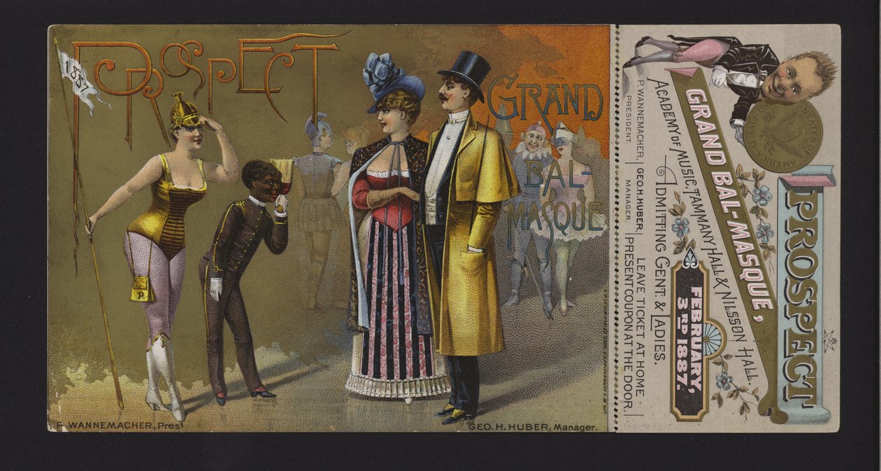 Ticket and Coupon for the Prospect Association Grand Masked Ball at the Academy of Music, Tammany Hall and Nilsson Hall, New York by American School