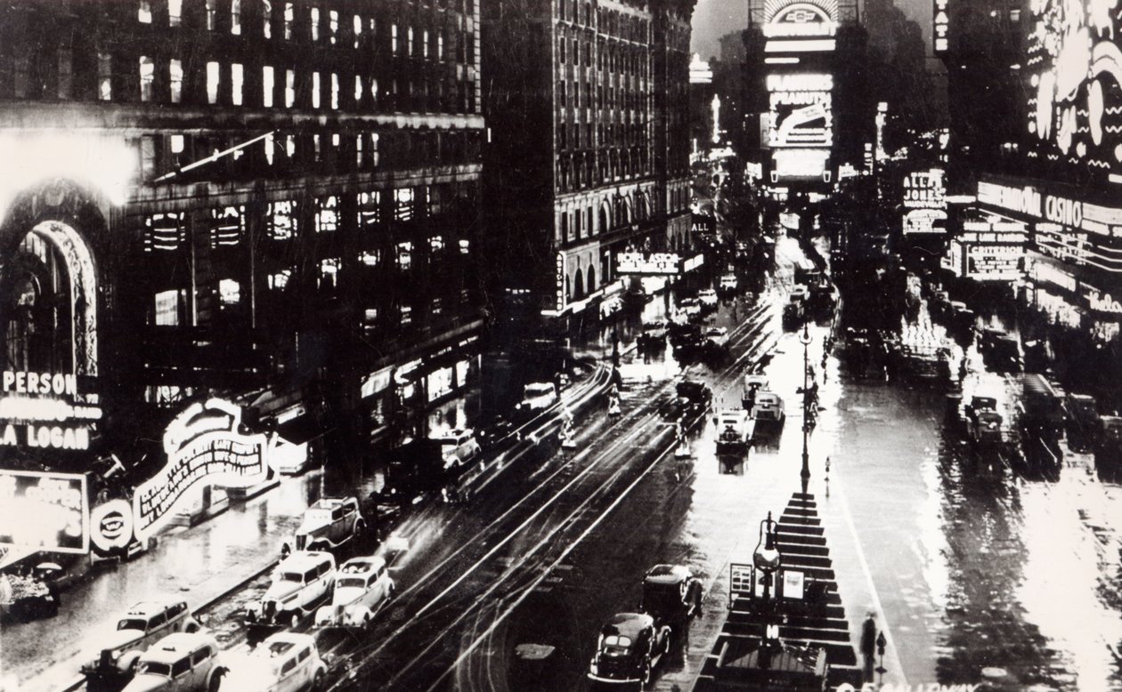 Times Square at Night, New York, c.1930 (after a photo) by American School