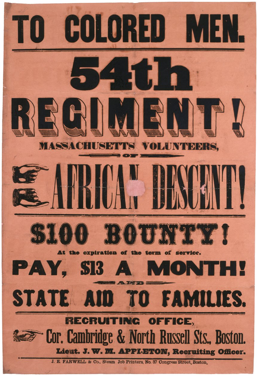 To Coloured Men. 54th Regiment! Massachusetts Volunteers, Of African Descent, 1863 by American School