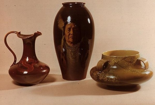 Vase with Portrait of Chief Joseph of Nez Perce Tribe, Signed by W.P. Macdonald; Ewer with Dragon Motif Marked with Initials of Albert R. Valentien; Bowl with Japanese Flower Motif by American School