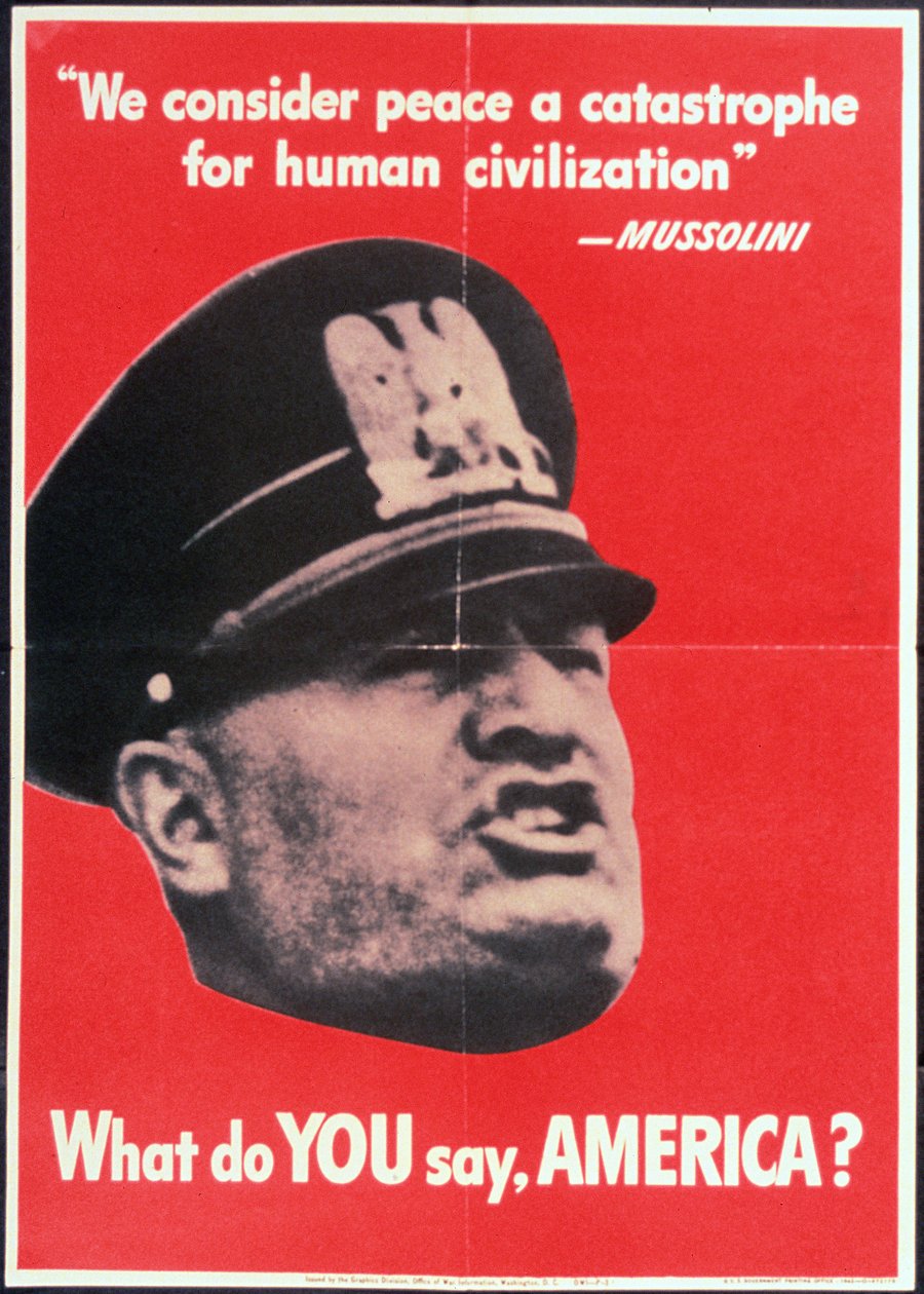 "What do YOU say AMERICA?", US 2nd World War Poster with Face of Mussolini, Anon, c.1942 by American School