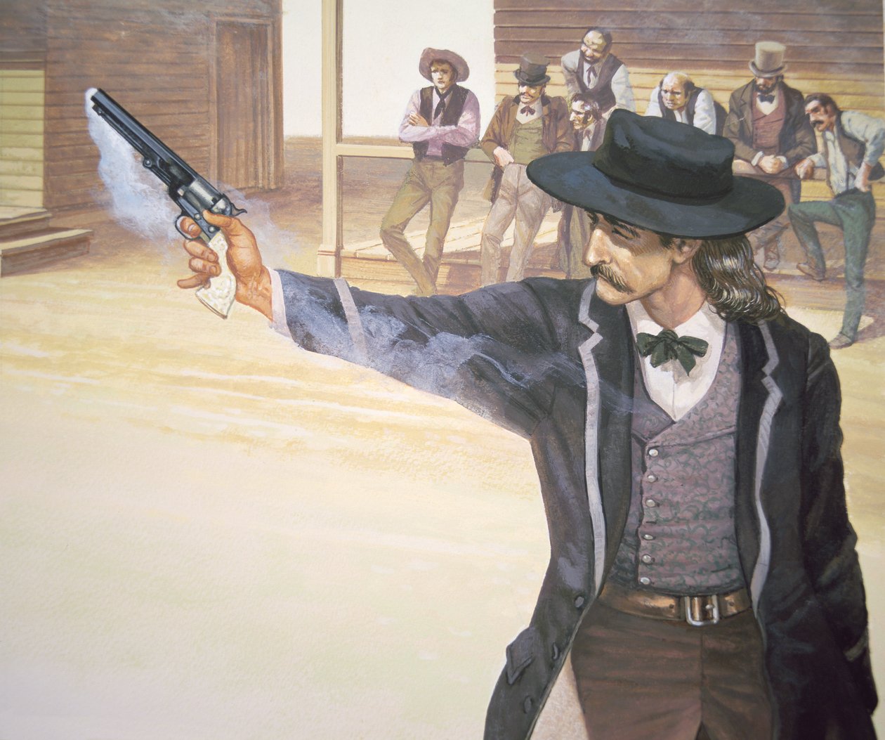 Wild Bill Hickok (1837-76) demonstrates his marksmanship with his Colt Navy model revolver by American School