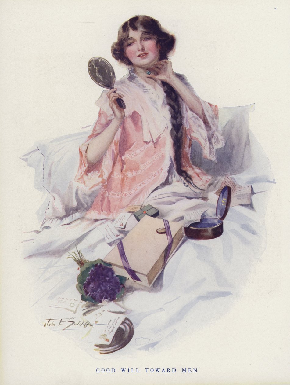 Woman Looking Through Gifts from Her Male Admirers by American School